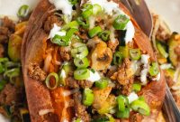 Stuffed Sweet Potatoes with Seasoned Ground Beef and Cheese