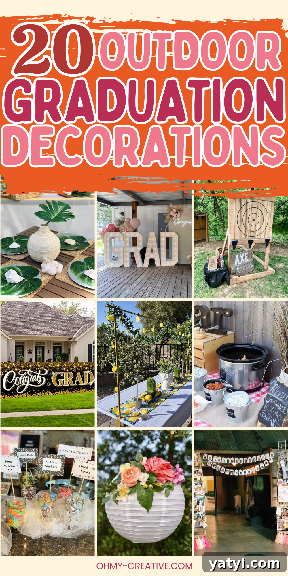 20 Stylish Outdoor Graduation Decoration Ideas for Parties 2 Collage of outdoor graduation decorations with text '20 Outdoor Graduation Decorations' including banner, lantern and flowers.