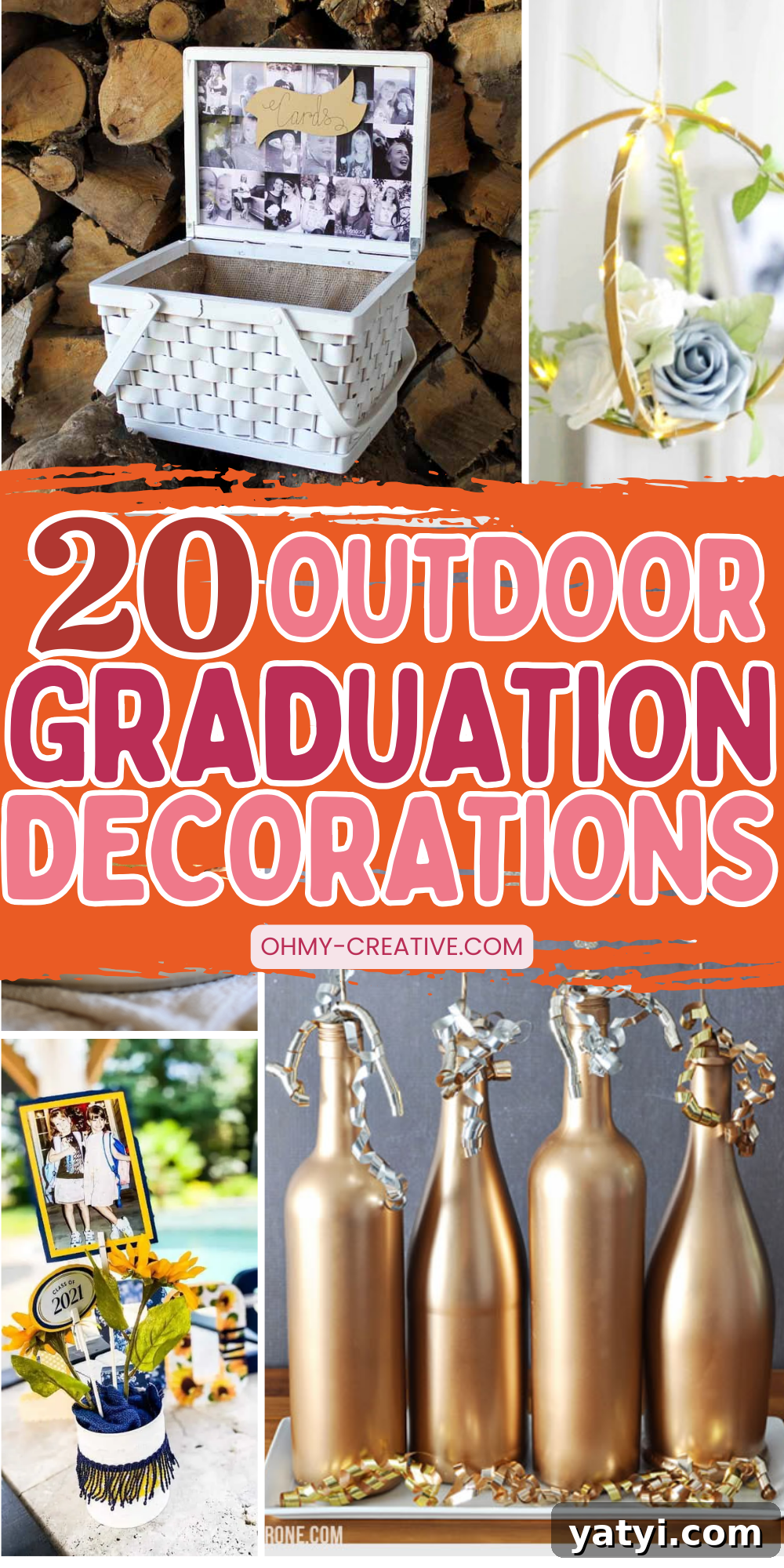 20 Stylish Outdoor Graduation Decoration Ideas for Parties 3 Collage of outdoor graduation decorations with centerpieces, picnic setup, and floral accents.