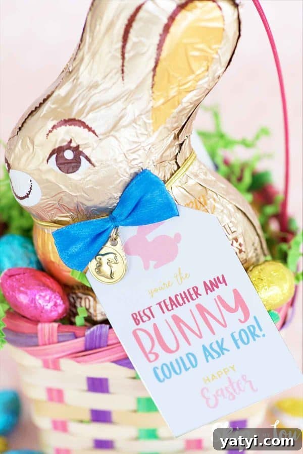 Unique Easter Gift Ideas for Teachers That They'll Love 2 chocolate bunny in easter basket with cute tag that says youre the best teacher any bunny could ask for