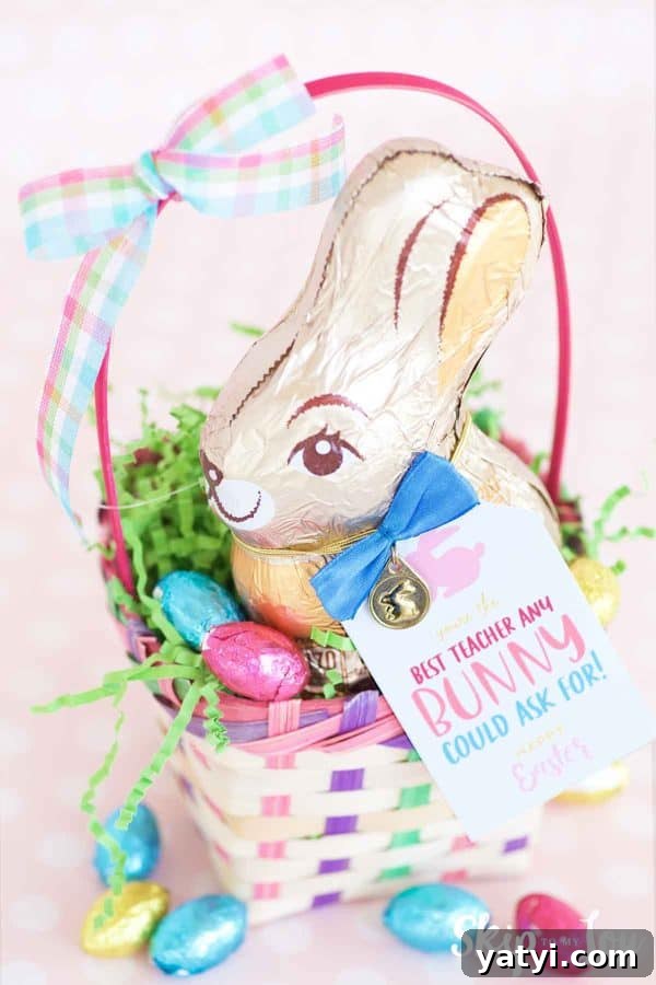 Unique Easter Gift Ideas for Teachers That They'll Love 5 chocolate bunny in basket with gift tag for teacher gift for easter