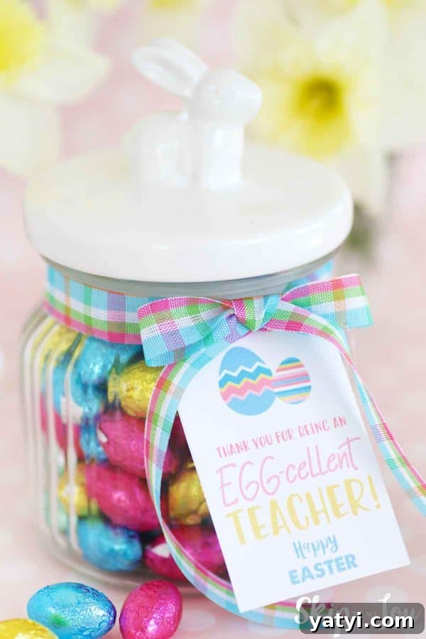 Unique Easter Gift Ideas for Teachers That They'll Love 6 eggcellent teacher gift jar filled with chocolate eggs