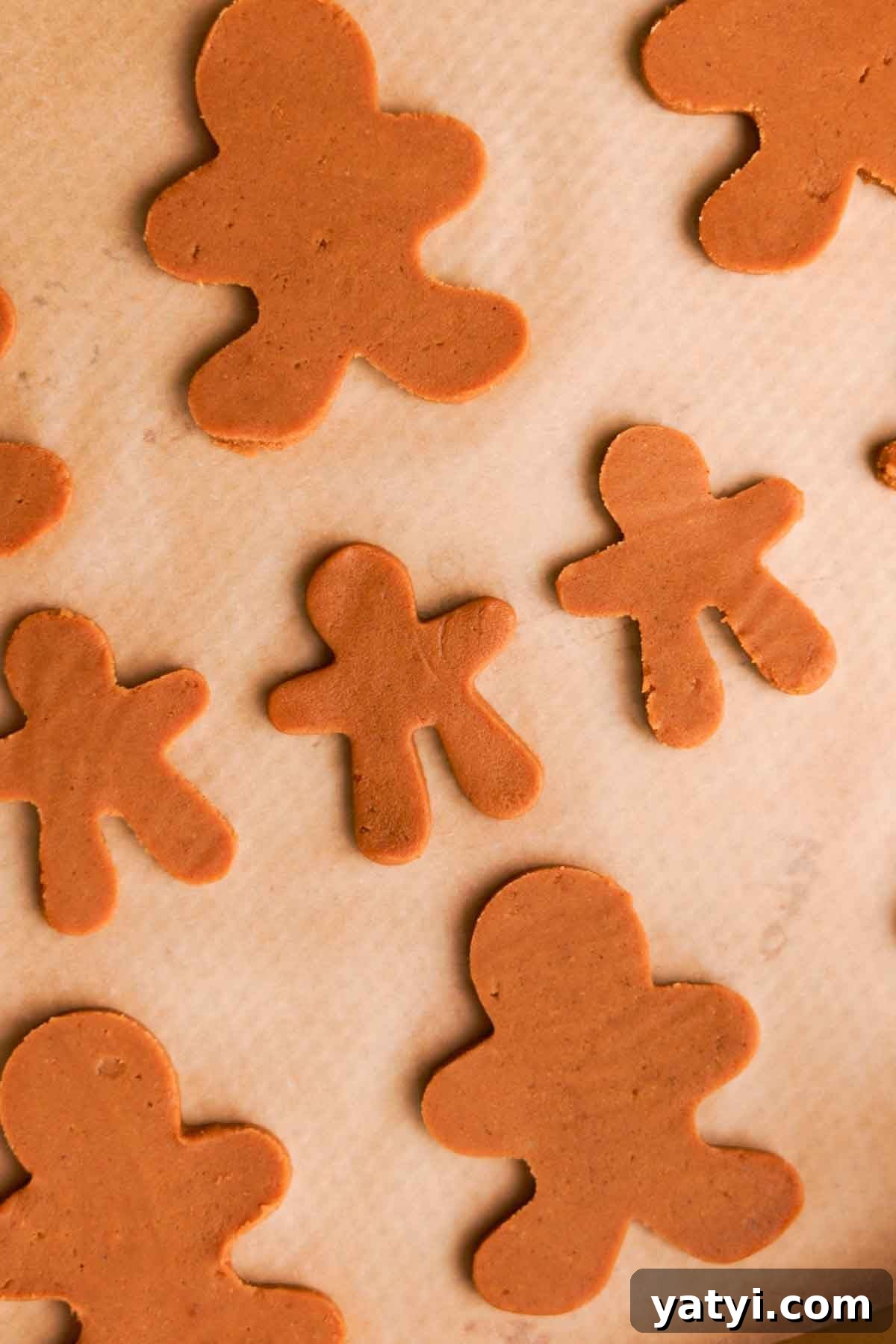 cut out gingerbread cookies ready to bake on parchment baking sheet