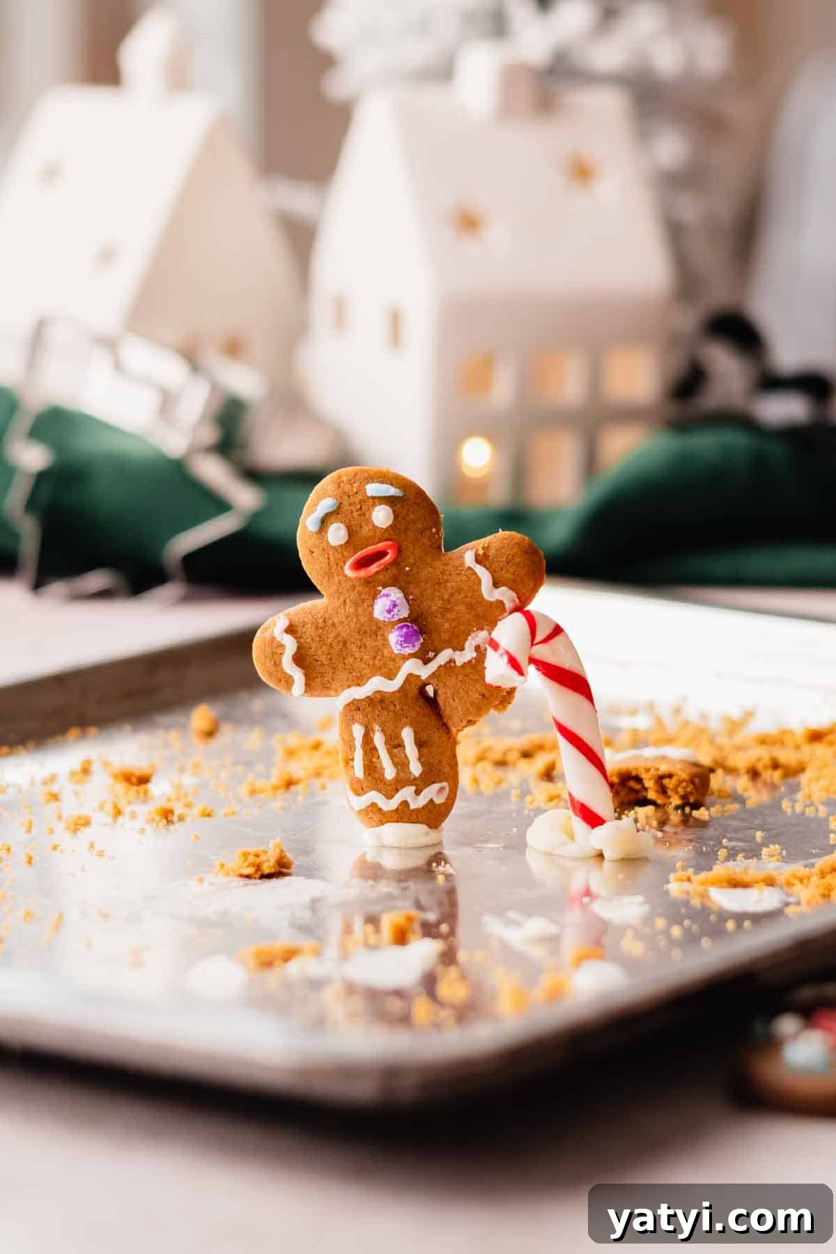 gingy shrek gingerbread man standing with one leg using a candy cane