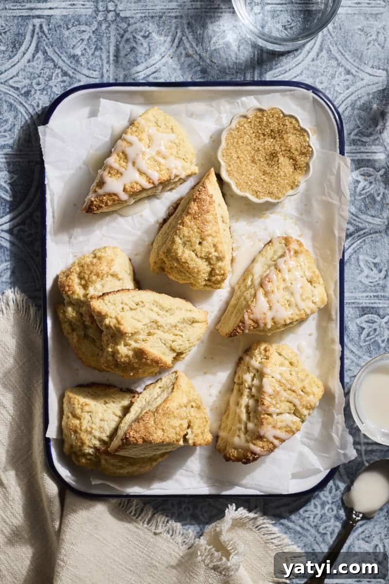 Sourdough Discard Scone Recipe: Flaky Base for Sweet or Savory Add-Ins 2 An overhead view of Sourdough Discard Scones on a white tray.