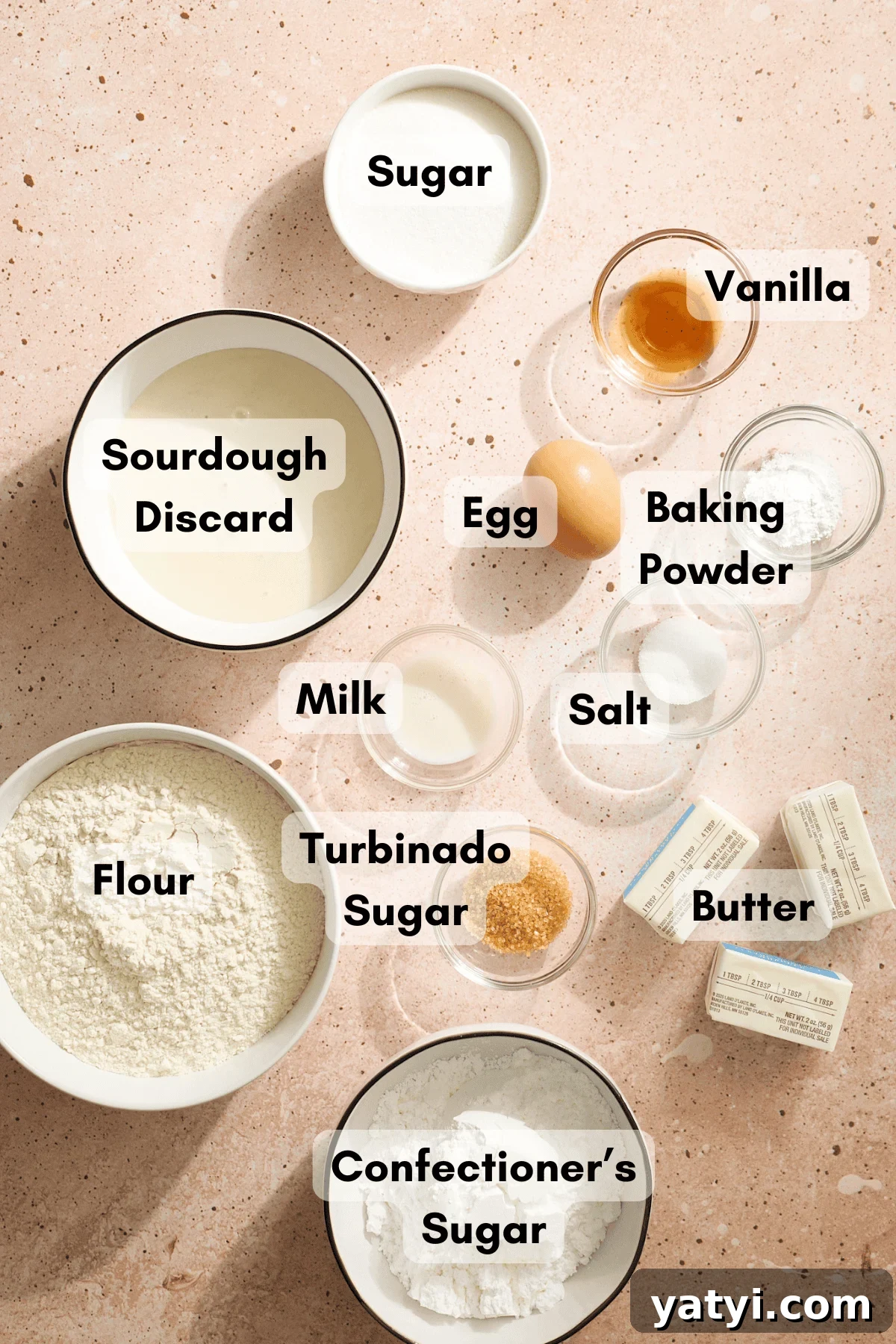 Sourdough Discard Scone Recipe: Flaky Base for Sweet or Savory Add-Ins 3 Ingredients for Sourdough Discard Scones in small bowls.