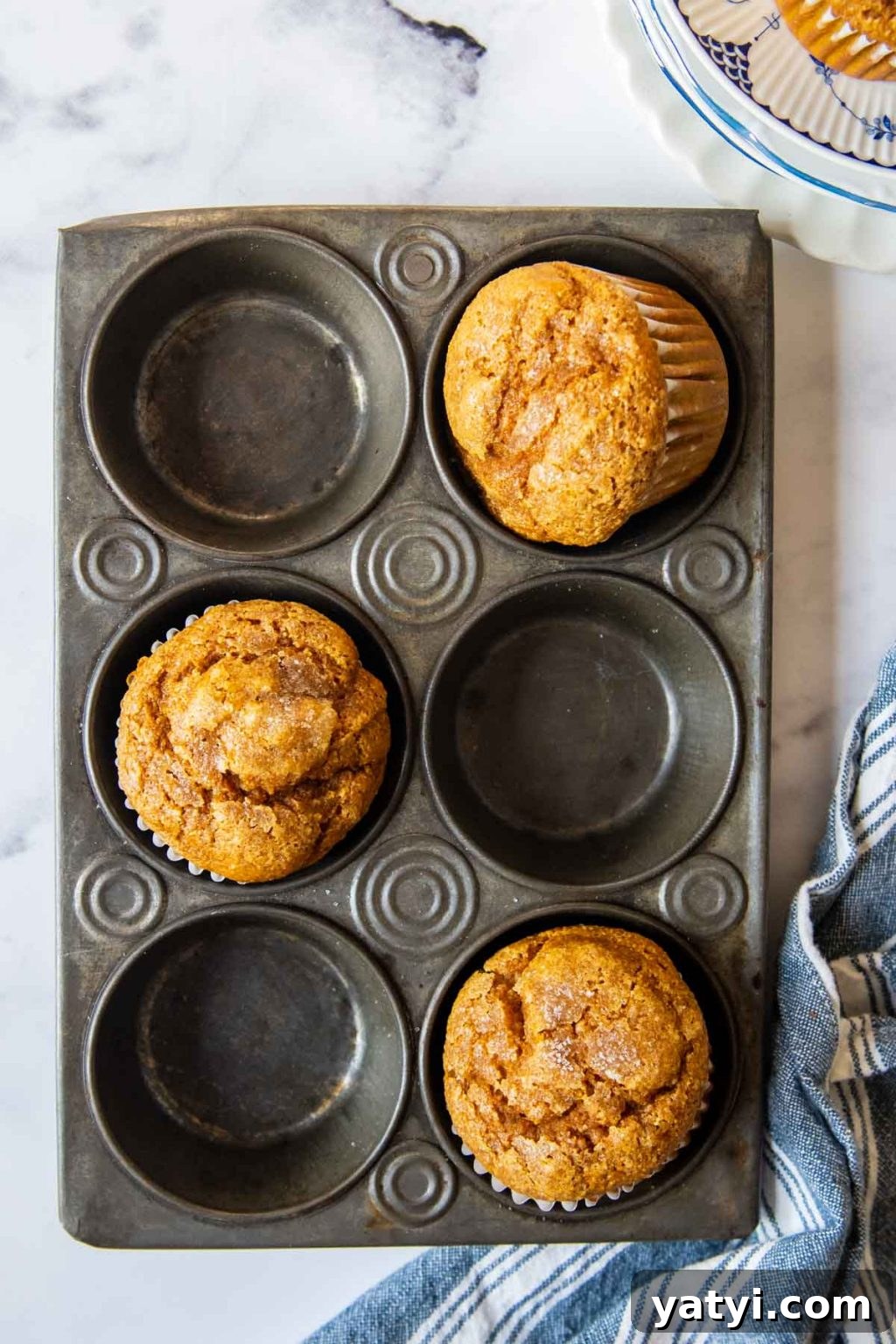 5-Minute Pumpkin Oat Flour Muffins — Light & Airy Bake 8 overhead shot of pumpkin oat flour muffins in a vintage muffin pan