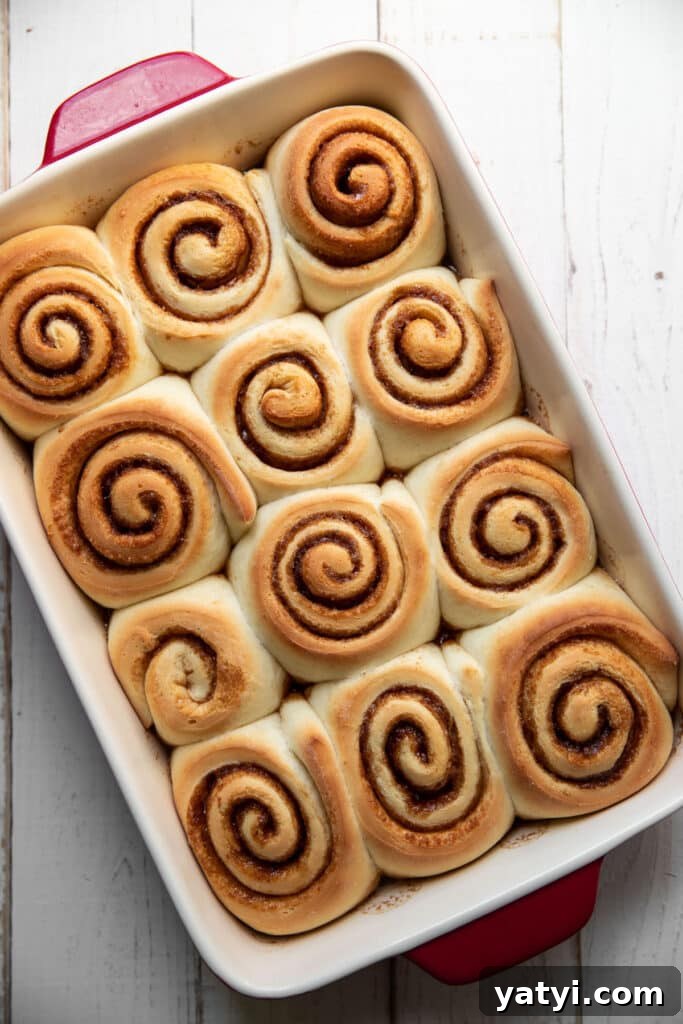 Maple Cream Cheese Cinnamon Rolls Recipe — Soft, Gooey & Irresistible 4 cooked cinnamon rolls in a baking pan