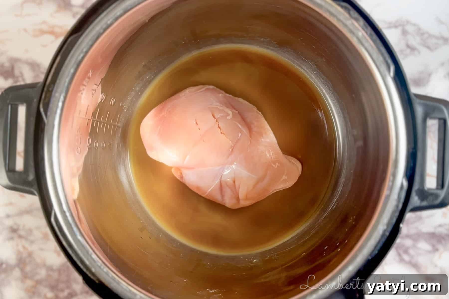 chicken breast sitting in liquid in an instant pot.