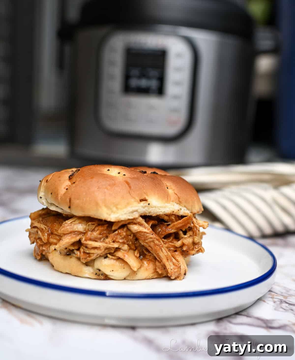 barbecue chicken sandwich on a plate in front of an instant pot.