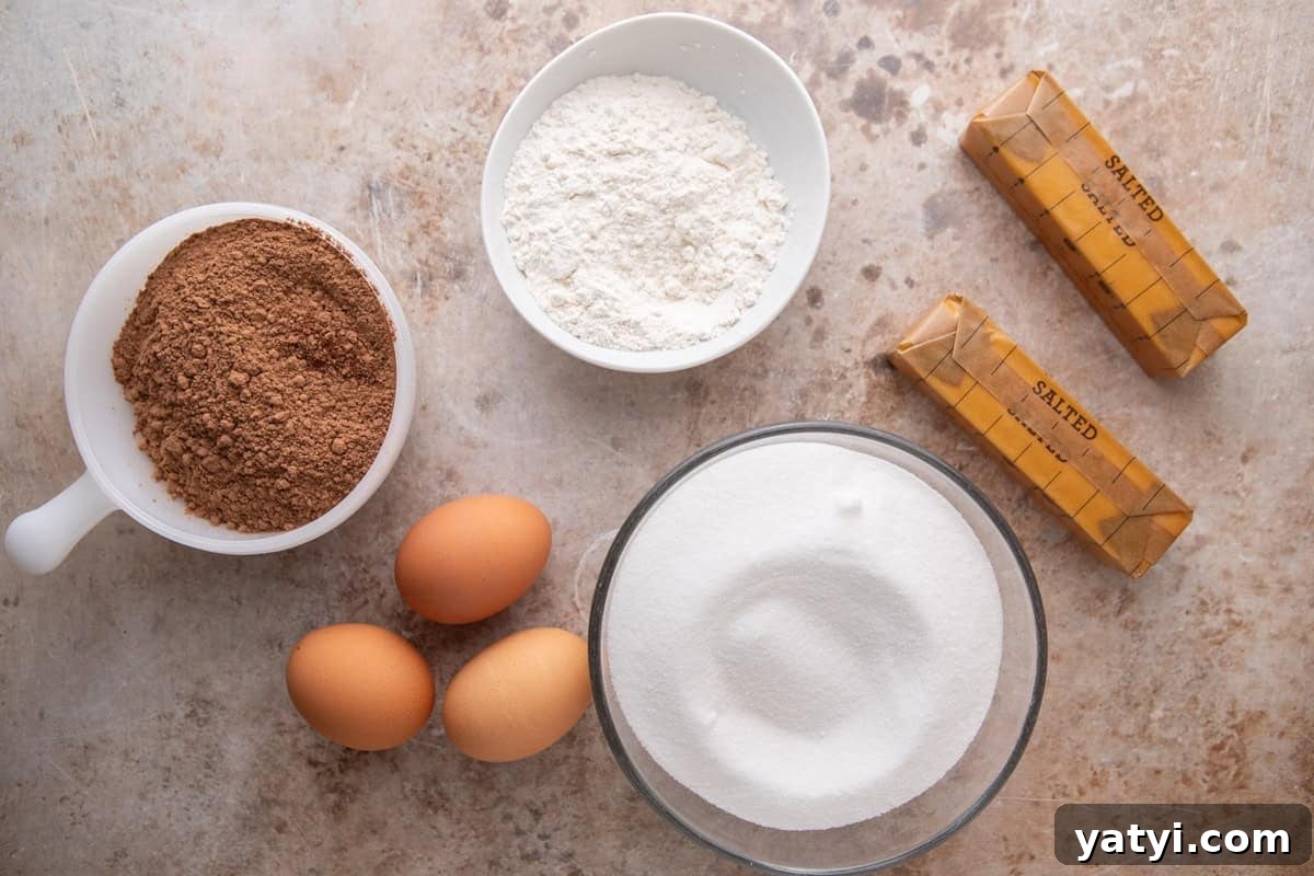 Ina Garten’s Brownie Pudding Recipe That’s Gone Viral 3 Ingredients for brownie pudding including eggs, cocoa powder, sugar, flour, and butter
