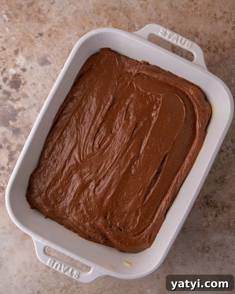 Ina Garten’s Brownie Pudding Recipe That’s Gone Viral 4 Brownie pudding batter spread evenly in a baking dish before baking