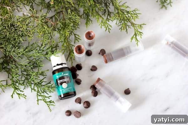 45 Homemade Stocking Stuffer Ideas Kids and Adults Will Love 3 Image shows some tubes of lip balm on a table next to greenery, chocolate chips and peppermint oil