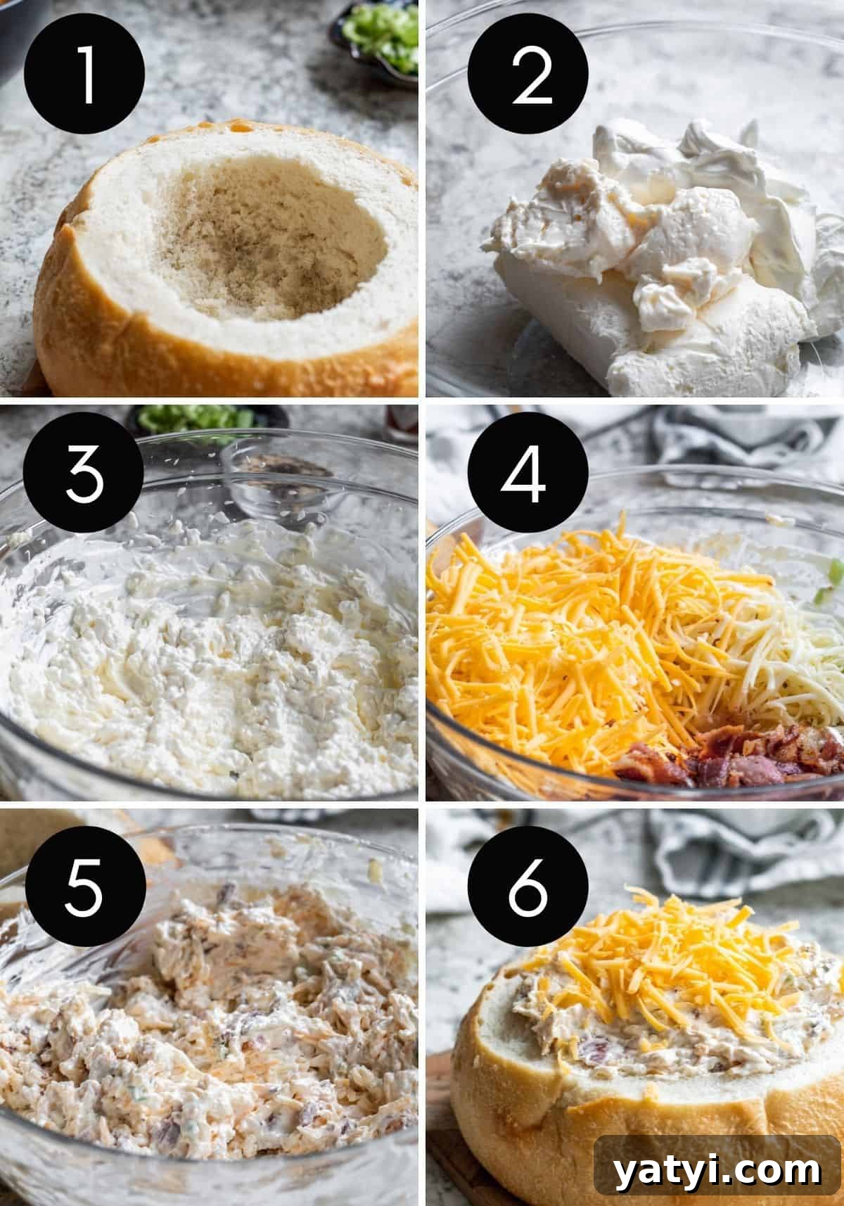 Baked Bacon and Cheese Dip Served in a Warm Bread Bowl 4 Six prep image collage with white numbers showing steps to make dip.