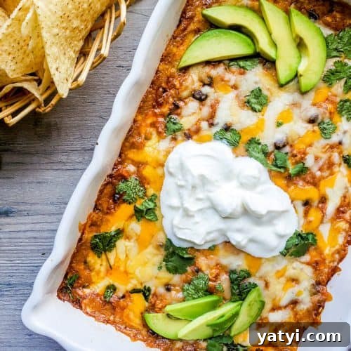Baked chicken dip in a white baking dish with chips on the side.