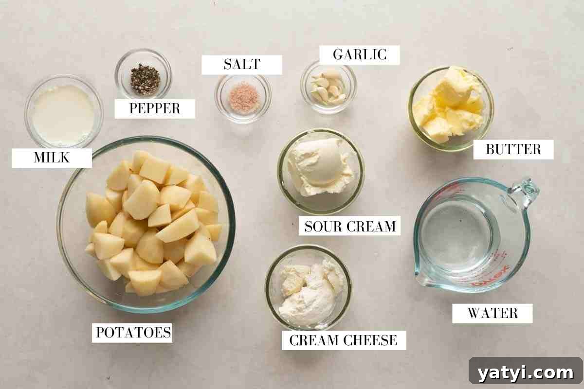 Creamy Garlic Mashed Potatoes in the Instant Pot (Pressure Cooker) 4 Picture of all the ingredients for garlic mashed potatoes made in the instant pot with text to identify them