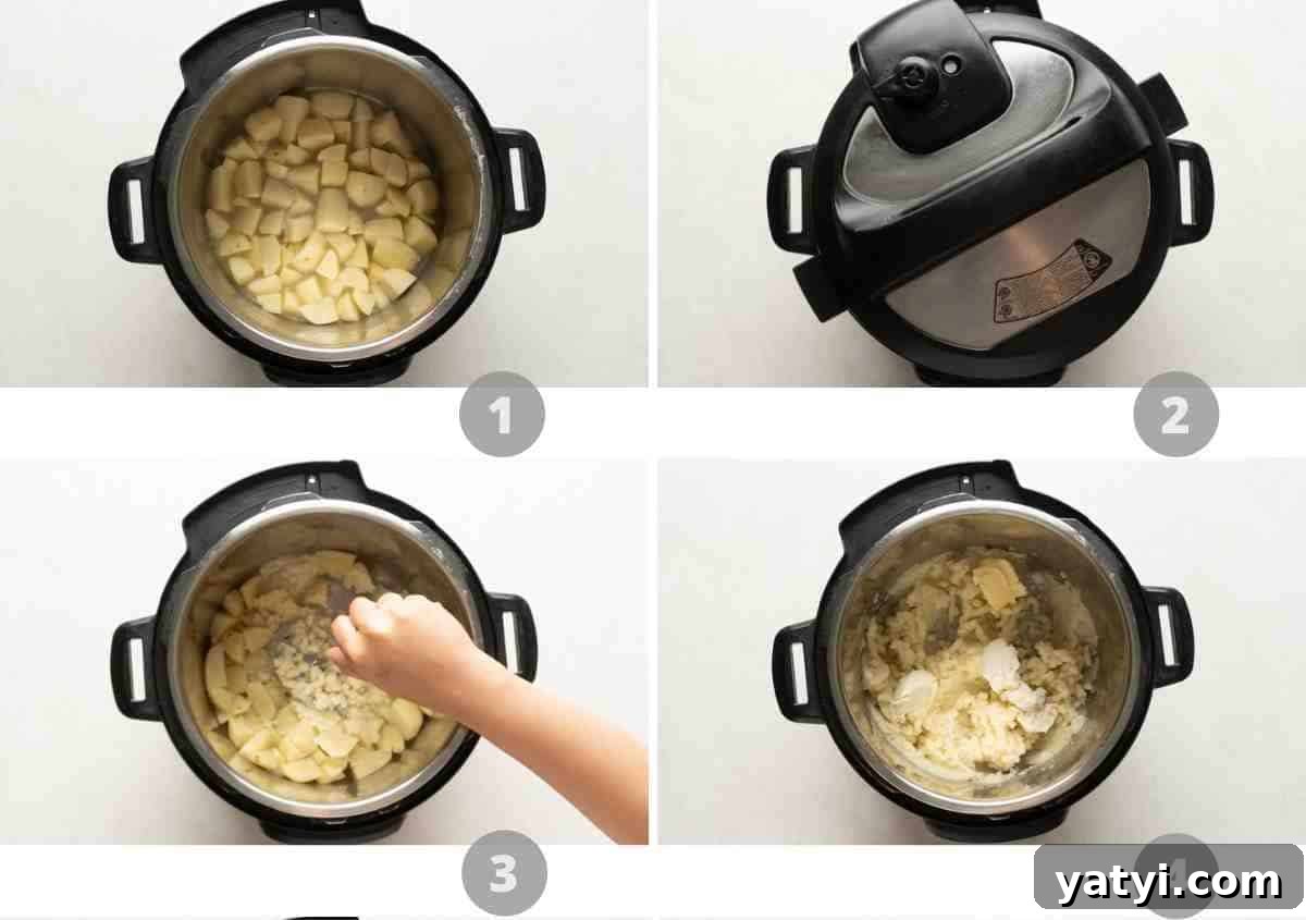 Creamy Garlic Mashed Potatoes in the Instant Pot (Pressure Cooker) 5 Step by step picture collage showing how to make mashed potatoes in the instant pot