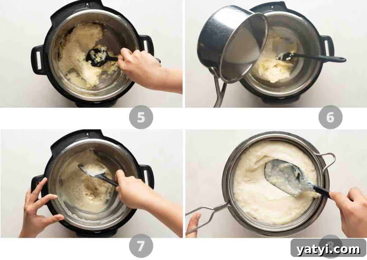 Creamy Garlic Mashed Potatoes in the Instant Pot (Pressure Cooker) 6 Step by step picture collage showing how to make mashed potatoes in the instant pot