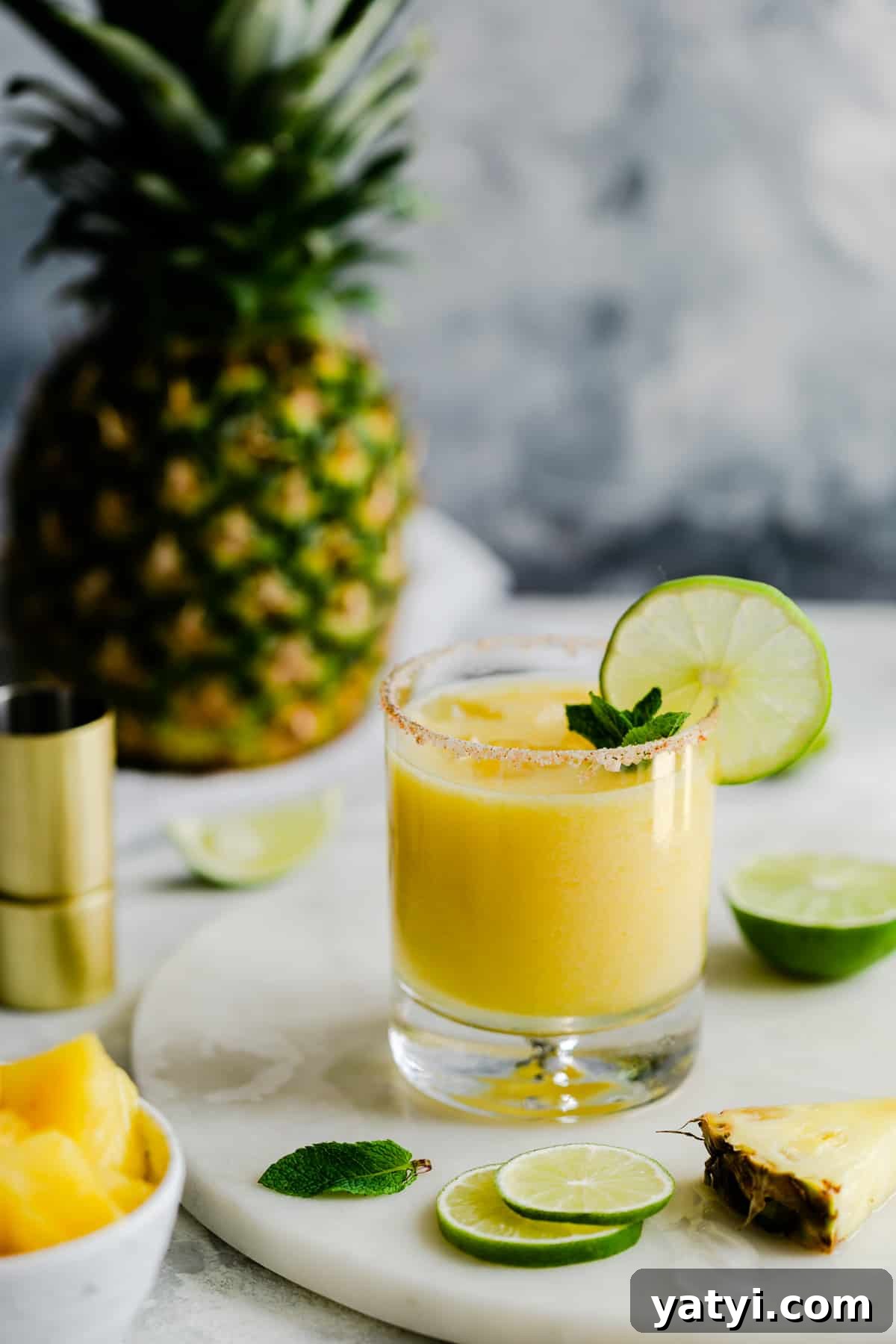 Frozen Pineapple Margarita Recipe — Tropical Cocktail Guide 5 single glass with frozen cocktail and slice of lime