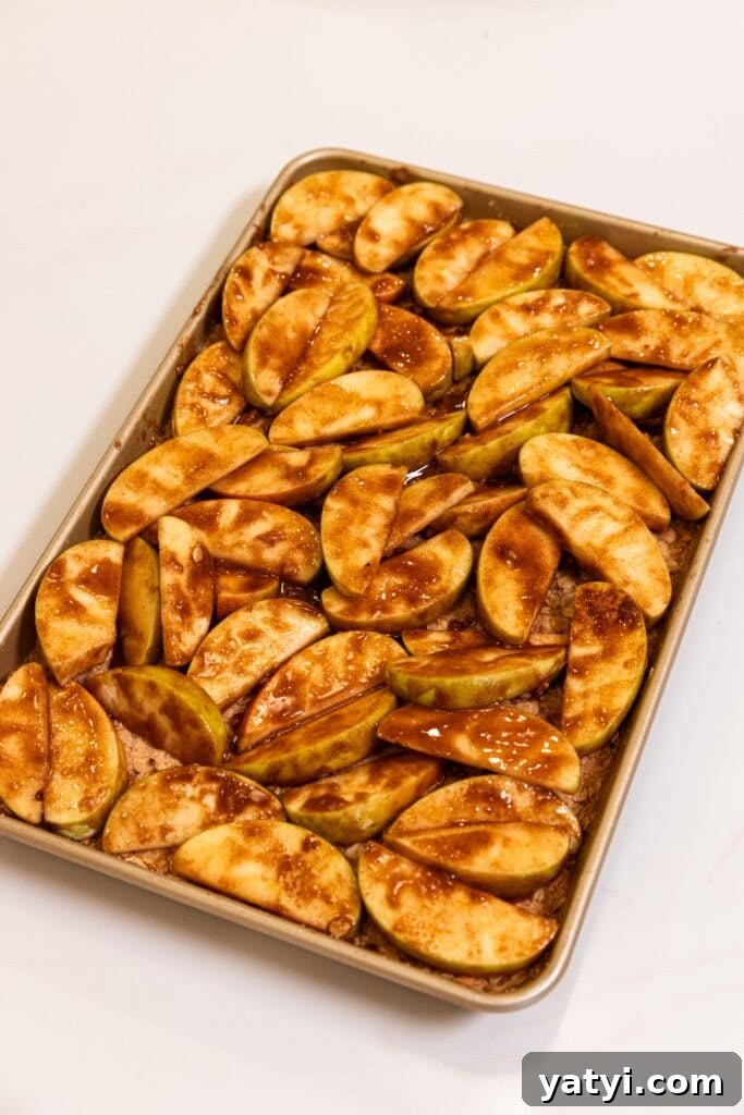 Chewy Cinnamon Apple Pie Bars: Easy Recipe for Fall Baking 14 Large gold baking pan filled with baked oat crust with sliced apples all over covered in cinnamon and sugar.