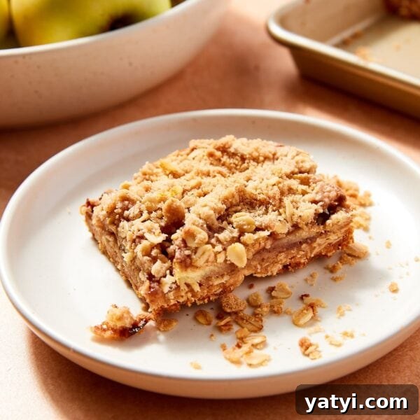Chewy Cinnamon Apple Pie Bars: Easy Recipe for Fall Baking 19 White plate with slice of apple pie bar with rest of bar in the background along with a bowl of apples.