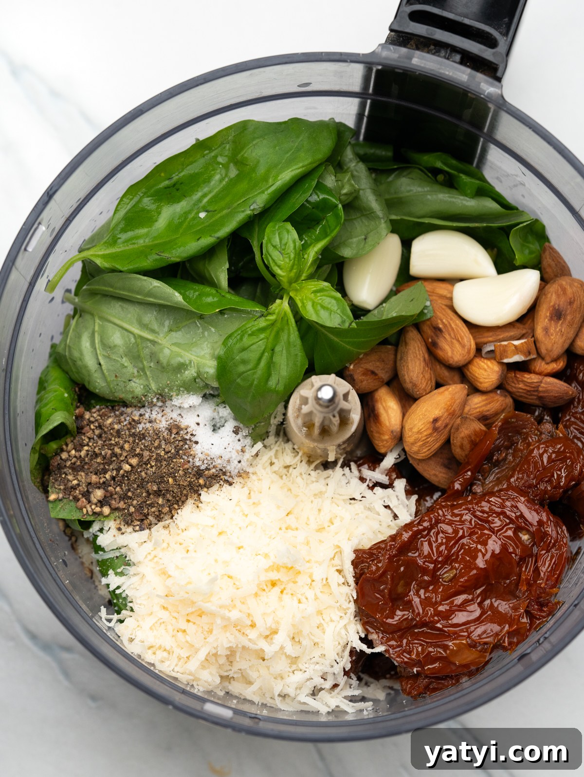 Sun-Dried Tomato Pesto (Pesto Rosso) Recipe & Uses 5 All ingredients except Olive oil added to the food processor.