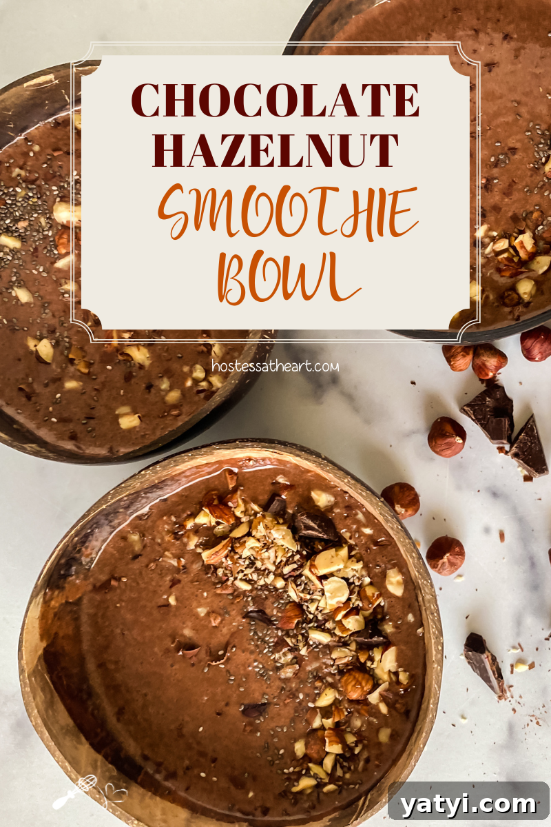 Chocolate Hazelnut Smoothie Bowl: Creamy Breakfast Recipe 8 Top down view of three bowls of chocolate hazelnut smoothies.