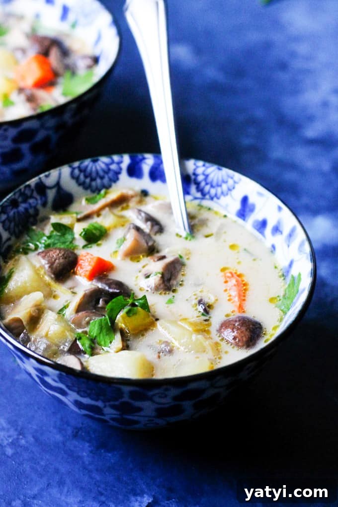 Polish Mushroom Soup with Yukon Gold Potatoes Recipe 5 Homemade chunky mushroom soup in a bowl with spoon