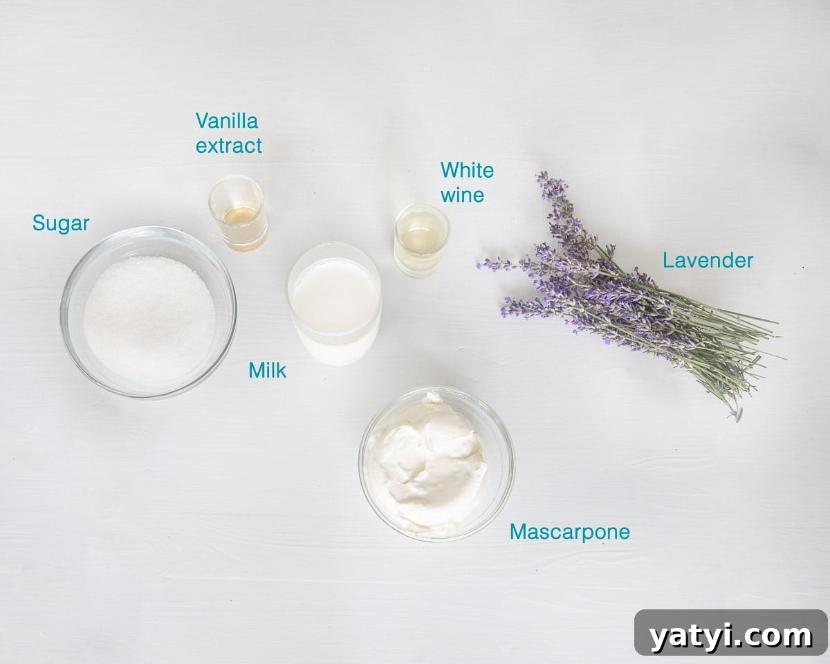 Ingredients Lavender Ice Cream, on a white background individually labelled