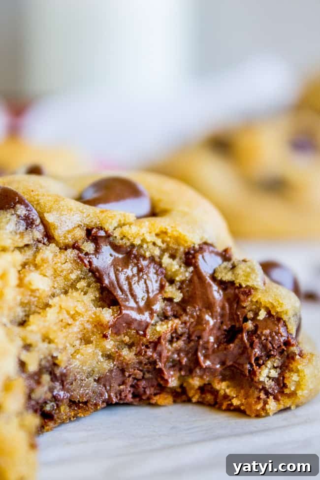 Brown Butter Chocolate Chip Cookies Recipe for Crispy Edges and Chewy Centers 12 a chocolate chip cookie with melting chocolate chips and a big bite taken out of it.