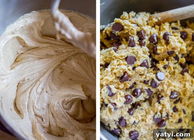 Brown Butter Chocolate Chip Cookies Recipe for Crispy Edges and Chewy Centers 10 creaming brown butter with sugar, chocolate chip cookie dough with a wooden spoon.