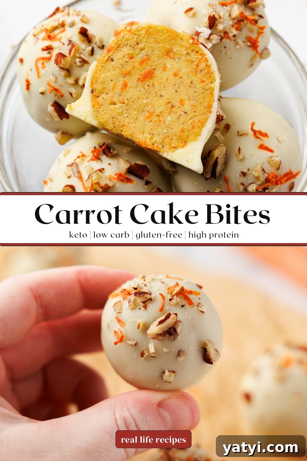 Keto Carrot Cake Protein Bites Recipe for Low-Carb Snacks 18 keto carrot cake bites showing white chocolate coated bites with pecans and shredded carrot, labeled keto, low carb, gluten-free, and high protein