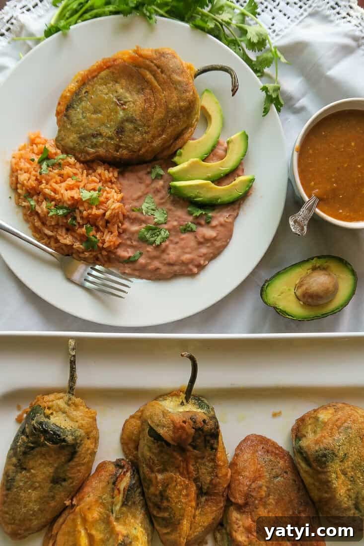 Authentic Chiles Rellenos: Mom’s Homemade Recipe with Video 2 overhead shot of a plate of authentic chiles rellenos