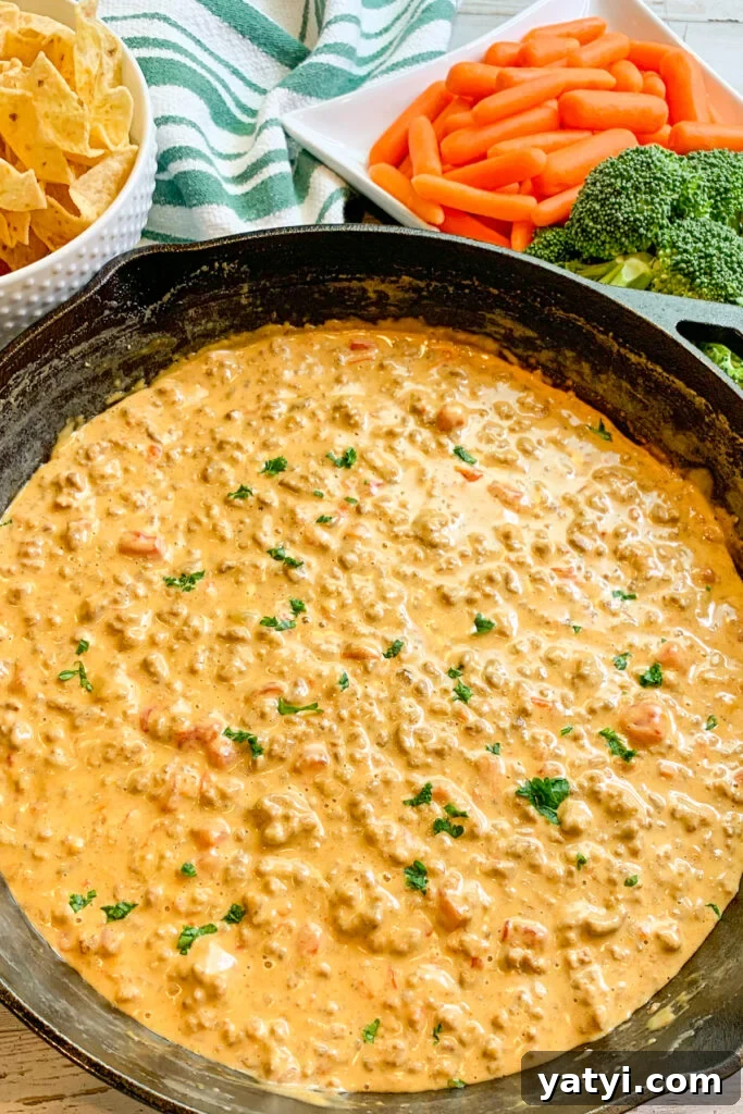 Creamy Rotel Dip Recipe for Parties and Game Day 2 Rotel dip recipe garnished with fresh chopped parsley in a cast-iron skillet.