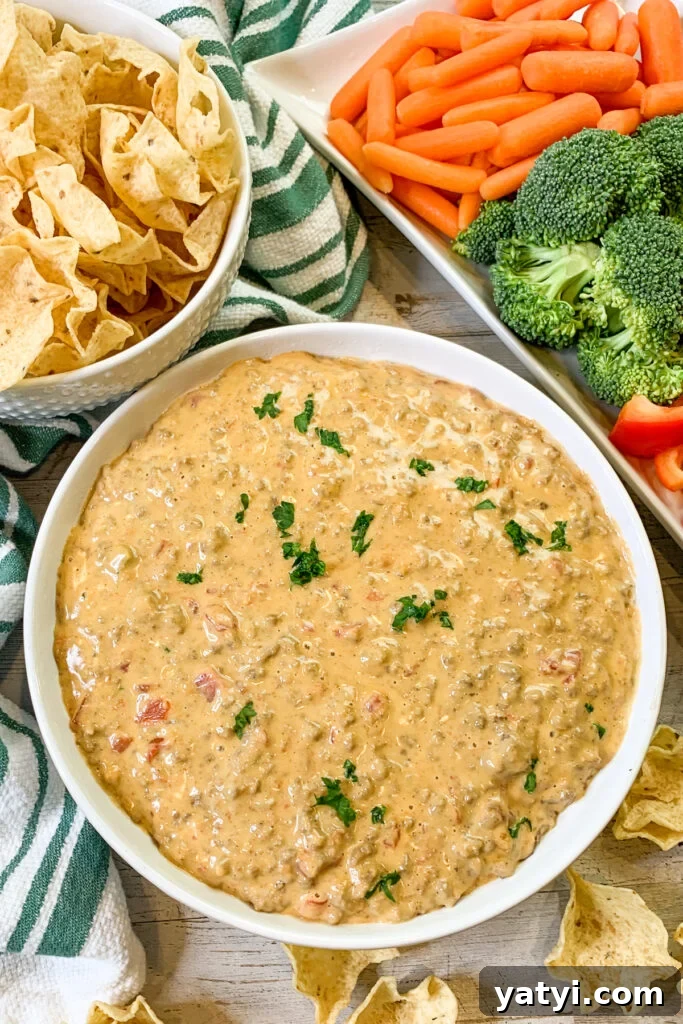 Creamy Rotel Dip Recipe for Parties and Game Day 3 Rotel cheese dip in a white bowl garnished with fresh parsley.