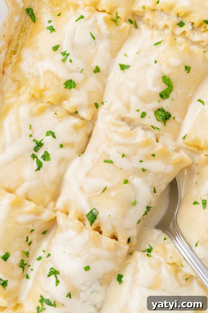 Creamy White Chicken Lasagna Roll-Ups for Family Dinner 10 a silver spoon scooping a white chicken lasagna roll up out of a white baking dish