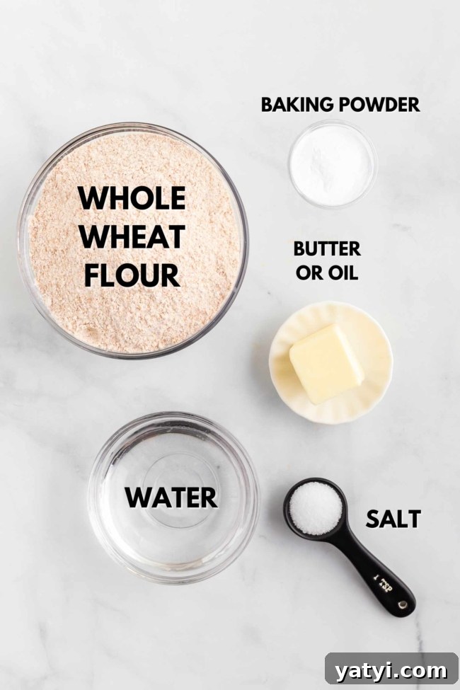Homemade Whole Wheat Tortillas: Soft, Flexible Wraps Recipe 3 ingredients laid out to make whole wheat tortillas