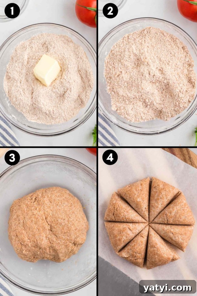 collage showing the mixing together or tortilla ingredients and cutting them into 8 pieces