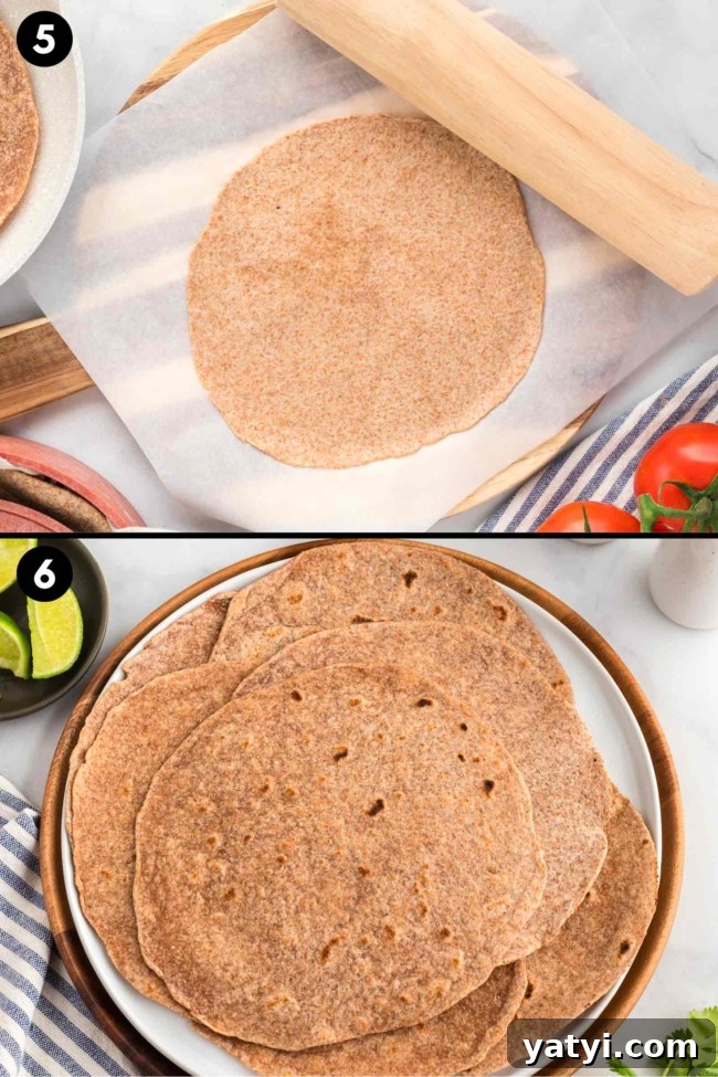 Homemade Whole Wheat Tortillas: Soft, Flexible Wraps Recipe 5 collage showing how thin to roll the tortillas and what they look like once cooked