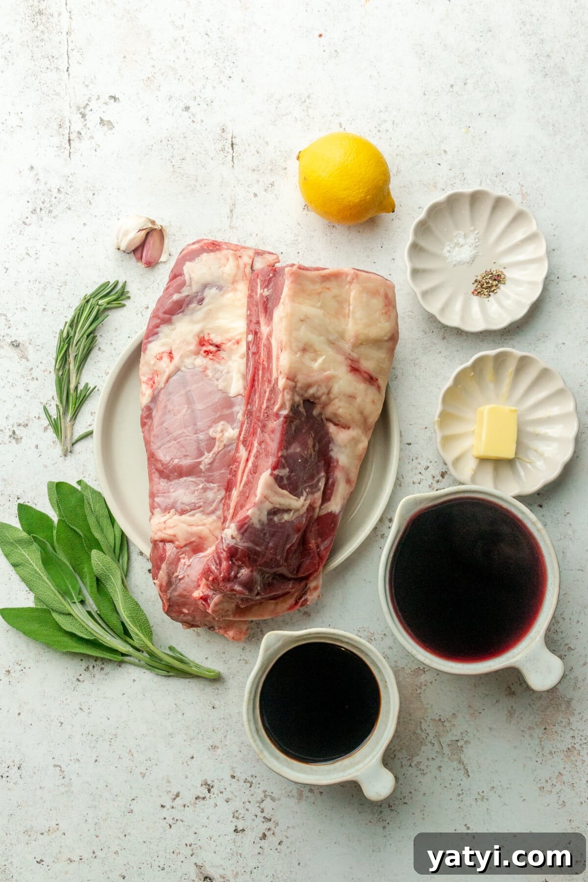 Rustic Instant Pot Short Ribs Recipe — Tender Braised Beef 3 Ingredients for instant pot short ribs sit in a variety of bowls and plates on a light grey surface.