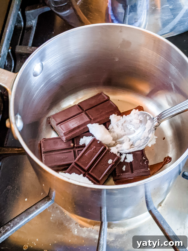 Chocolate Peppermint Beet Cake Recipe for Moist Holiday Dessert 3 Peppermint and chocolate being mixed in a double-boiler