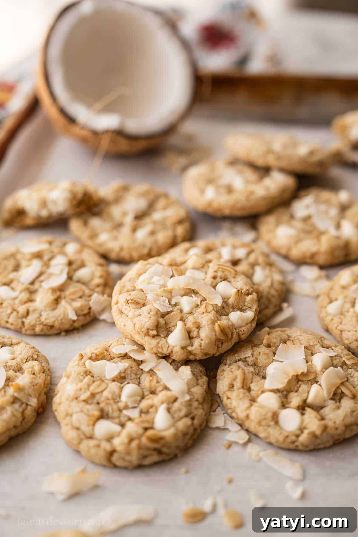 Baked coconut oatmeal cookies on tray with coconut half.