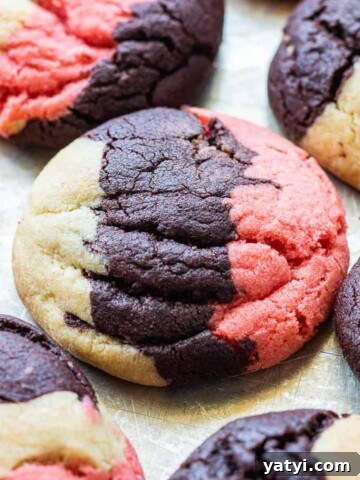 Baked Neapolitan cookie on metal baking sheet.