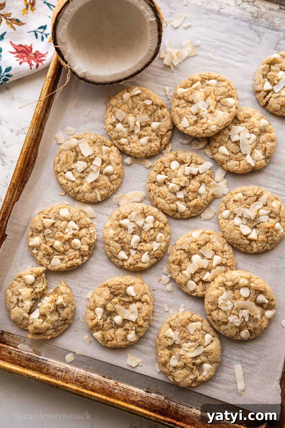 Baked coconut oatmeal cookies on baking sheet with coconut half.