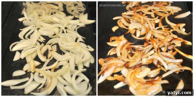 Grilled Patty Melt / The Grateful Girl Cooks! Sliced onions are cooked until browned for the patty melt.