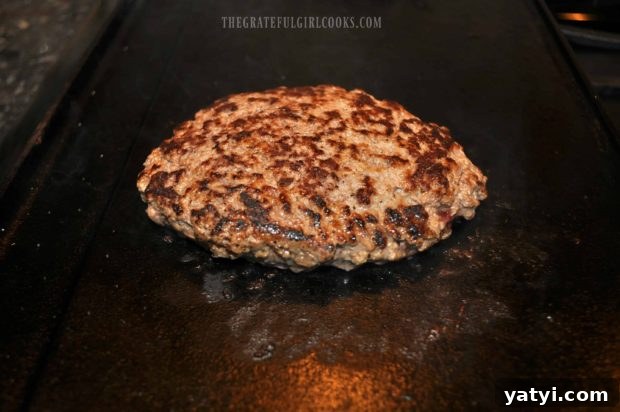 Grilled Patty Melt / The Grateful Girl Cooks! Beef cooking on indoor cast iron grill for a patty melt.