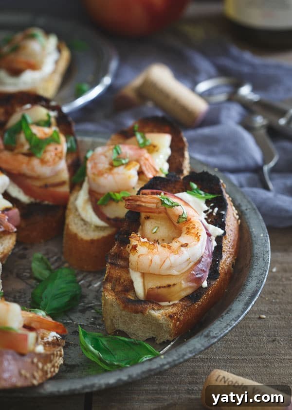 Whipped Lemon Burrata Crostini with Grilled Shrimp and Peaches Whipped Lemon Burrata Crostini with Grilled Shrimp and Peaches