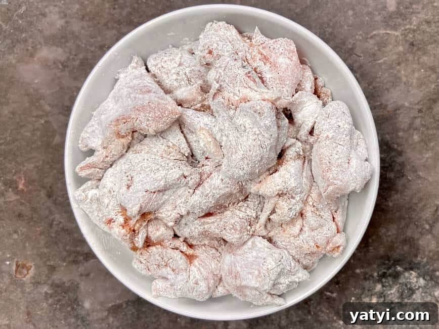 Tossing the chicken in cornstarch and spices.