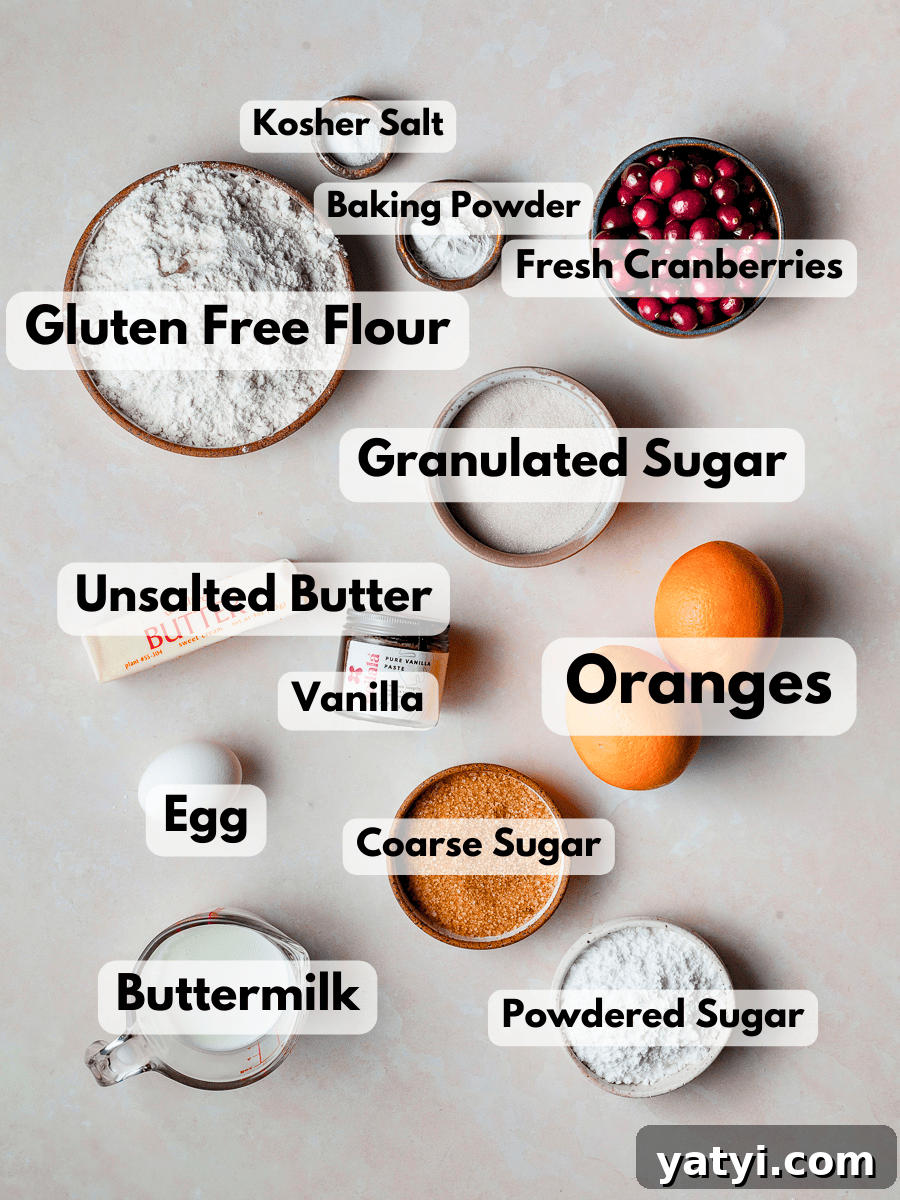 Gluten-Free Cranberry Orange Scones Recipe for Tender Flaky Bakes 3 a collage of ingredients in small bowls needed to make cranberry orange scones
