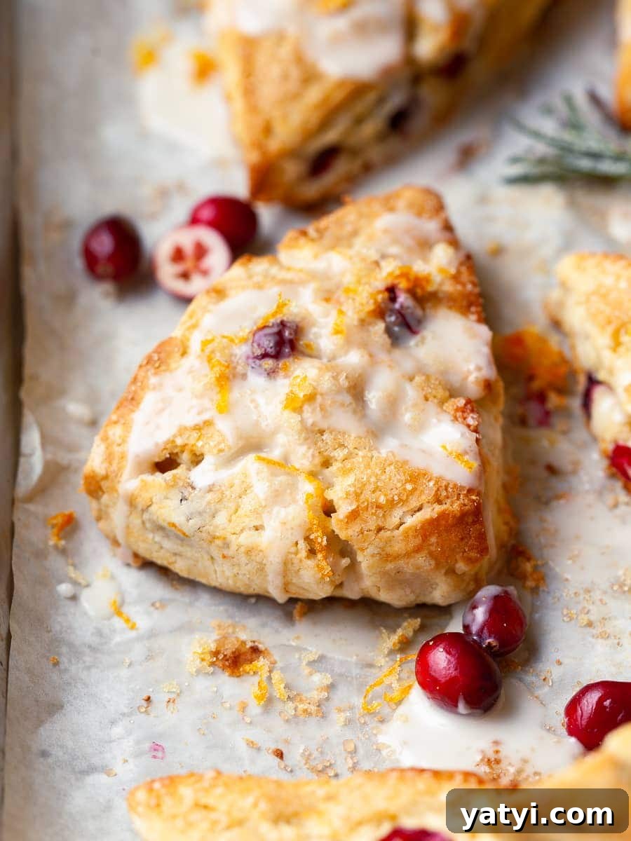 Gluten-Free Cranberry Orange Scones Recipe for Tender Flaky Bakes 9 gluten free cranberry orange scones with an orange glaze on parchment paper, surrounded by fresh canberries